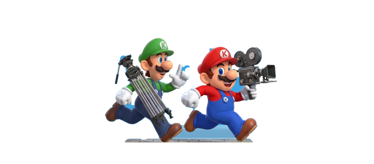 Mario și Luigi aleargă cu camera și trepiedul KREA