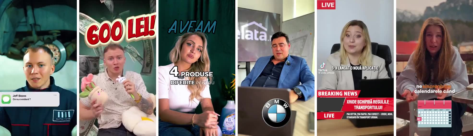 Șase reclame video verticale filmate de KREA: service auto, clinică, produse de curățenie, imobiliare, aplicație de transport și lifestyle